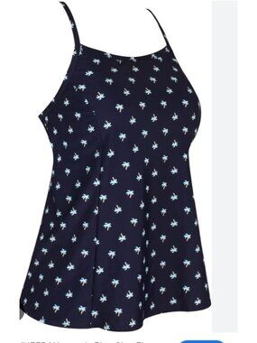 Womens Size 12 Navy Swim Tankini Palm Tree Print & Cross Back Adj Straps Beach